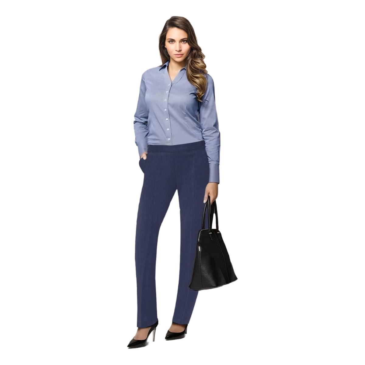 L S U Ladies Trousers Half Elasticated Women Pull Up Pants Formal Office Work Trousers (as8, Numeric, Numeric_8, Regular, Long, Navy)