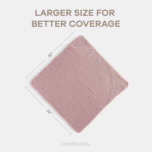 Image of Comfy Cubs Hooded Baby Towel 1-Pack, Large 32 x 32 Inch - 6 Layer 100% Muslin Cotton for Babies, Toddlers and Kids - Soft & Absorbent Baby Bath Towels - Unisex Design for Bath Time - Mauve