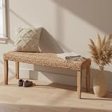 Indoor Wicker Bench 47' Solid Wood Acacia & Natural Woven Seat, Natural Leg