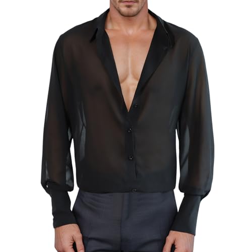 WAZHAKU Herren Langarmhemd aus Durchsichtigem Mesh Unterhemden Muskel See-Through Top Netz T-Shirt Hemd für Party Club Casual Wear Transparentes Hemd Schwarz Herren Durchsichtiges Herrenhemd