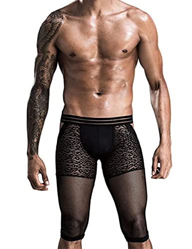 Men Sexy Butt-Flaunting Long Boxer Underwear Low Rise Black Leopard Bottomless Gay Underpants Backless Men Knee-Length Leggings with Breathable Mesh Lace