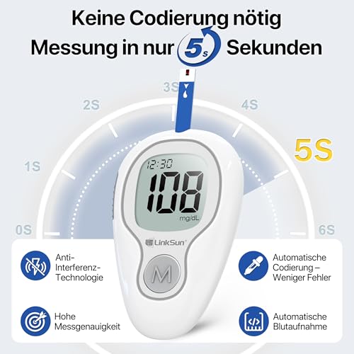 LinkSun G-425-3 Blutzuckermessgerät, 100 Teststreifen, 100 Lanzetten, Blutzuckermessgeräte, Stechhilfe, Glucose-Kontrolllösung, Gebrauchsanweisung (Deutsch),mg/dL & mmol/L