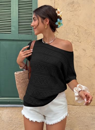 Image of Cakulo Womens Off The Shoulder Batwing Short Sleeve Crochet Tops 2026 Spring Summer Sweater Top Knit Beach Cover Up