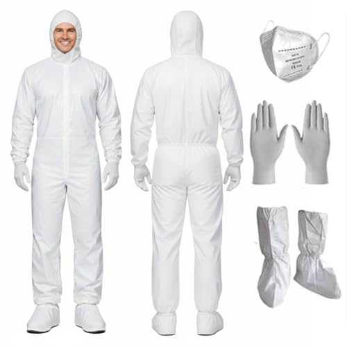Zimchado Professional Hazmat Suit Kit - Full Body hazmat suits disposable Coveralls with Hood & Reinforced Zipper Heavy Duty (White Suit, Large)