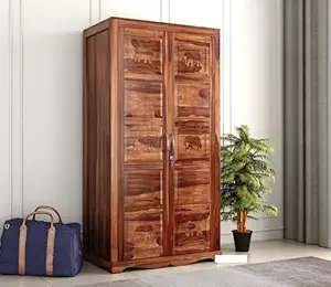 KUSUM HANDICRAFTS Solid Sheesham Wood 2-Door Wardrobe Cupboard Almirah: Elegant Storage Solution for Clothes (Design 49, Large)