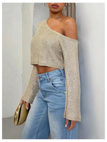 MakeMeChic Women's Off The Shoulder Sweater Sequin Sparkly Long Sleeve Party Crop Pullover Tops2