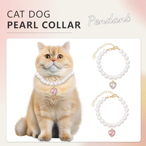 Cosmeria Verstellbare Perlen Haustierhalsband mit Herzförmigen Strasssteinen, 2 Farben, Elegantes Design für Kleine Katzen und Hunde