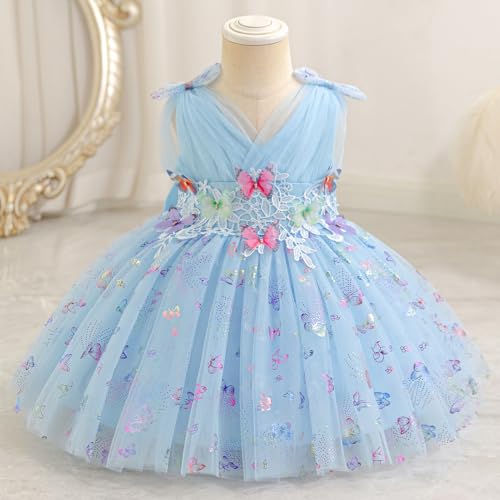 AWIBMK Kids Baby Girls Butterfly Tulle Tutu Dress Sleeveless Pleated V-Neck Bowknot Birthday Wedding Party Dresses2
