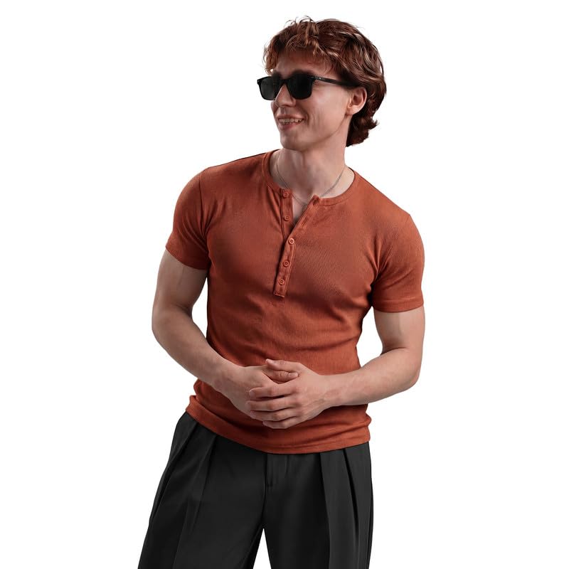 fugazee 100% Cotton Rust Ribbed Henley Short Sleeves T-Shirt | Muscle fit-picture-20