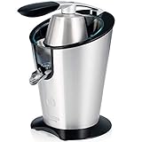 EINFACHE BEDIENUNG, AUTOMATISCHER START UND STOPP, 500ML SAFTBEHÄLTER – Die Bedienung der Citruspresse ist extrem einfach: Legen Sie einfach eine halbierte Frucht ein und drücken Sie den Hebel nach unten: Automatisch wird der Motor gestartet und die Frucht entsaftet. Der gepresste Saft wird im 500ML großen Saftbehälter gespeichert oder fließt direkt ins Glas. Wenn Sie den Hebel wieder heben, stoppt der Motor automatisch. So arbeitet die Saftpresse manuell und elektronisch zugleich.