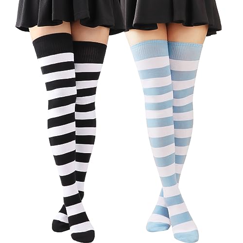 Image of AQOKKA Extra Long Thigh High Socks for Women Striped Over Knee Thigh Socks Long Boot Thigh High Stockings Leg Warmers