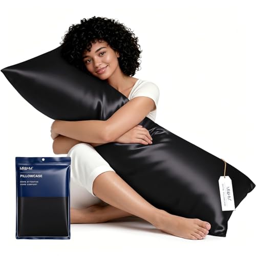 Image of MR&HM Satin Body Pillow Cover, Soft and Breathable Body Pillow Case with Envelope Closure, Cooling and Silky Long Pillowcase for Hair and Skin,Grey (20x54, Black)