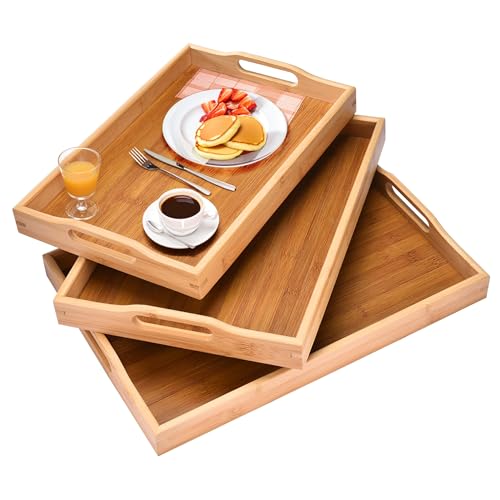 MOMENT 3 Pack Bamboo Serving Trays Set Wooden Tray With Handles Food Breakfast Dinner Drink Tray for Tea Coffee Snacks Fruit Rectangle Serving Platter Kitchen Dining Bedside Storage Board