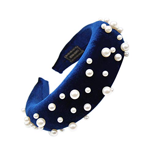 Padded Headbands Velvet Pearl Womens 90s Black Hair Accessories Statement Fashion Retro Grace Elegant Wide Plastic Hairbands For Woman (blue)