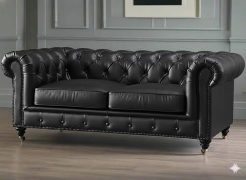 Image of Classic Leatherette Chester Sofa Set Button Tufted, Classic Style Sofa Set 3-Person Sofa for Living Room, Office, and Hallway Colour (Black Leatherette, 3+2=5 Seater Sofa)