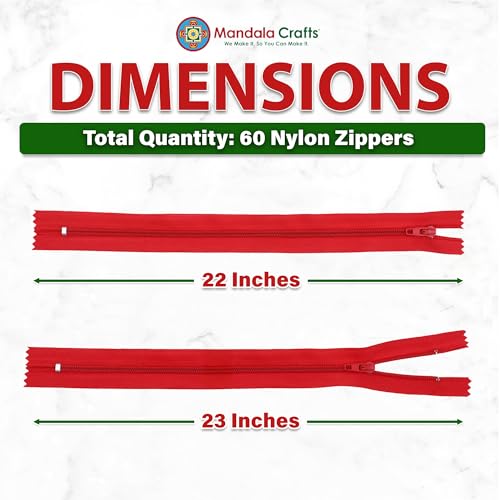 Image of Mandala Crafts 60 PCs Red Closed-End 22 Inches Nylon Zippers for Sewing