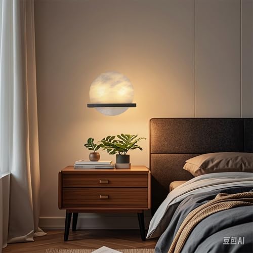Image of 2 Pack 2 Light 10 inch Round Natural Alabaster Bathroom Wall Sconce Modern Concise Style Wall Light Fixture,Black Finish for Bedroom Hallway Bedside Living Room