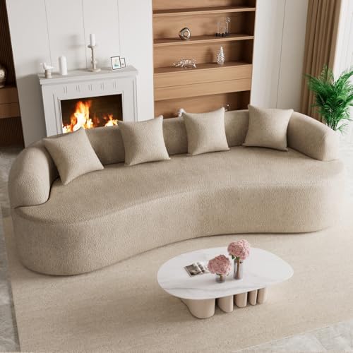 114" Oversized Sectional Sofa for Living Room, Modern Luxury Plush Chenille 4-Seater Extra Deep & Wide Seat Curved Cloud Couch with 4 Throw Pillows, No Assembly Needed, Light Brown