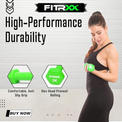 Image of Fitrxx Vinyl Dumbbells With Stand | Men and Women | Non-Slippery Dumbbell for Home and Gym | Full Body Workout (Green, 1 kg, 2 kg, 3 kg = 12 Kg)