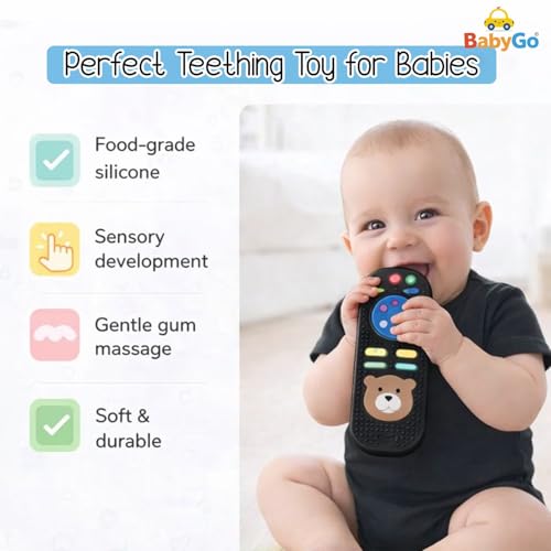 Image of BabyGo Remote Teether for Babies| Helps Biting Skills Development, Colour & Shape Recognition| Baby Remote Teething Toy for 3+ Months (6-12 Months) Safe Teething Toy for Babies & Toddlers (Black)