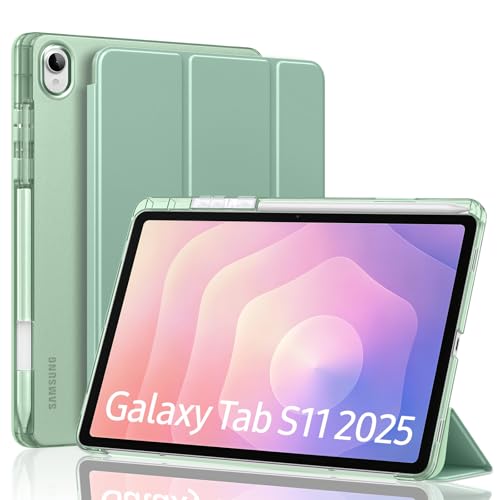 MoKo for Galaxy Tab S11 Case 2025 11 Inch with S Pen Holder Slim Light Trifold Case for Samsung Tab S11 5G (SM-X730/SM-X736B) with Hard PC Translucent Back Shell Auto Wake/Sleep Agave Green