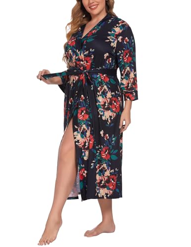 Image of IN'VOLAND Womens Plus Size Kimono Robes Long Knit Bathrobe V Neck Ladies Loungewear Lightweight Soft Sleepwear 1X-5X