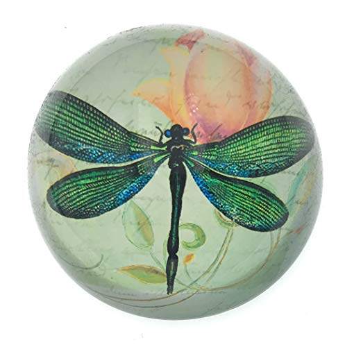 Value Arts Green Dragonfly Glass Dome Paperweight, with French Script, 3 Inches Diameter