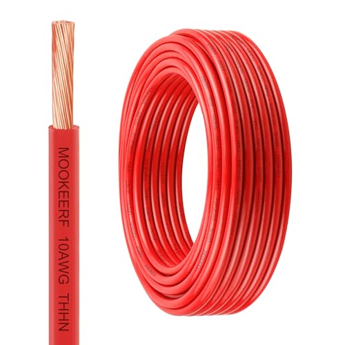 MOOKEERF THHN Wire 10 Gauge 25FT - OFC Stranded Copper 10 AWG Electrical Building Wire 600V with Nylon Jacket and PVC Insulation for Residential Ground Industrial CNC Panel Wiring - Red