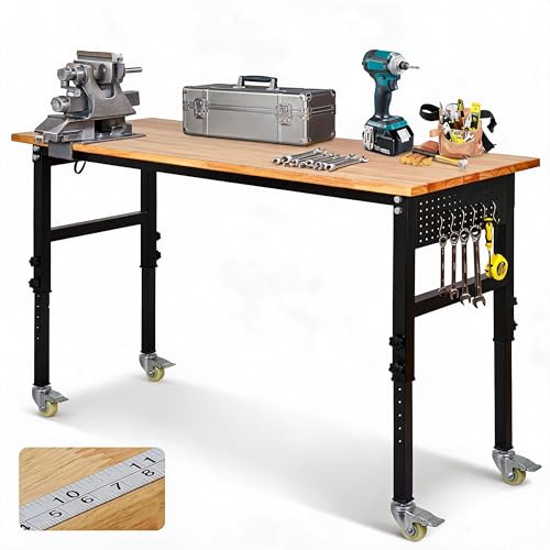 Image of 48 inch Adjustable Workbench, 8-Level Height Adjustable Rolling Work Table with Casters & Scale, Sit & Stand 2-in-1 Garage Tool Table with Pegboard & Hooks, for Workshop, Warehouse, DIY Projects