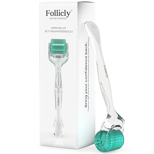 Follicly Derma Roller – Professional Microneedling Tool for Hair, Beard, and Skin Care – 192 Authentic Titanium Micro Needle Stamp for Home Use – for Men & Women