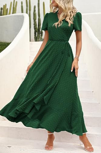 Image of PRETTYGARDEN Women's Summer Wrap Maxi Dress Casual Boho Floral V Neck Short Sleeve Ruffle Hem Split Beach Long Dresses
