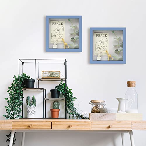 Image of Muzilife 8x8 Shadow Box Picture Frame with Linen Board - Deep Wood & Glass Display Case Ready to Hang Memory Box Baby Sports Memorabilia, Pins, Medals, Wedding, Tickets and Photos, Blue