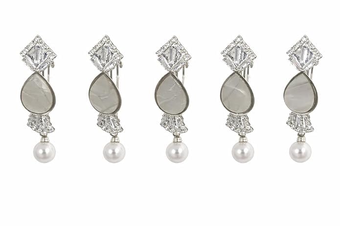 PE - Elegant Stone & Pearl Saree Pins for Women – Silver Tone Designer Safety Pins for Saree, Dupatta & Shawl (Pack of 4) - Random Model-image-3