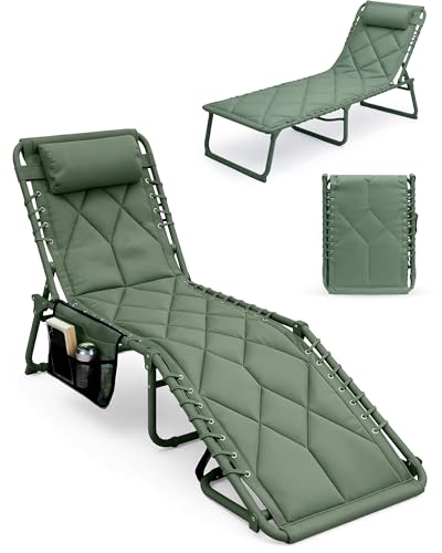 KEPLIN Foldable Sun Lounger Chair - Padded Diamond Outdoor Garden Recliner 4 Position Adjustable Backrest 600D Oxford Fabric Portable Patio Camping Deck Chair - 110kg Capacity