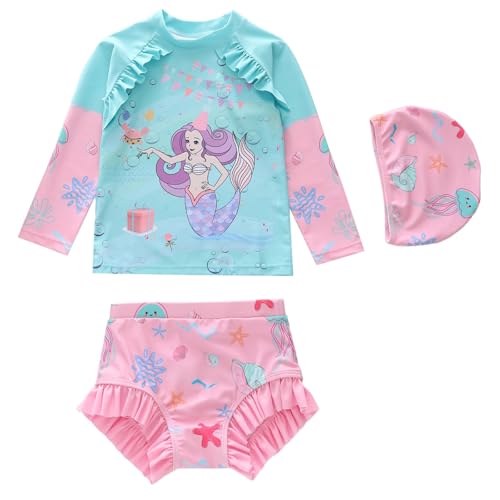 2026 Bonito traje de baño de tres piezas con dibujos animados para niñas, adecuado para niños pequeños, niños y adultos (3-14 años)., verde menta, 6-8 años