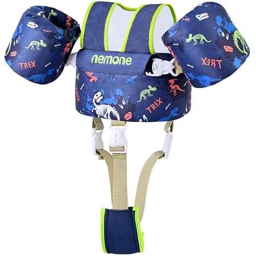 NEMONE Toddler Swim Vest for 22-70 lbs Kids Floaties Swim Jacket with Arm Water Wings for Girls Boys 2 3 4 5 6 7 Years Old Sea Beach Pool (Black Dinosaur with Crotch Strap)