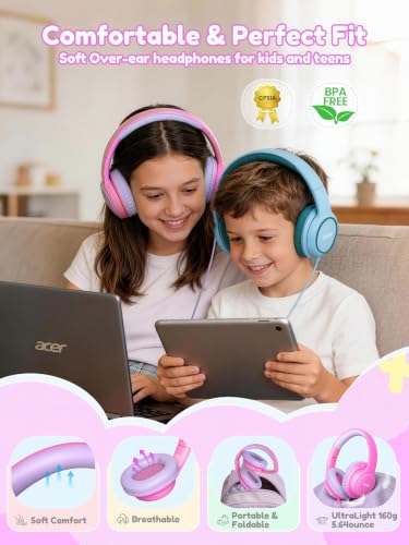 Image of Acer OHW328 Kids Headphones Wired for School - Over Ear Design | 85 /94dB Safe Volume Limit, 3.5mm Jack Foldable Headphones for Kids Boys Girls Classroom Yoto Player Chromebook Travel Pink