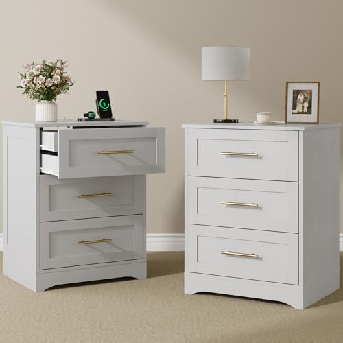 Draelibor Modern Luxury Nightstands Set of 2 with Charging Station and Hidden Drawer Bedside Table with 4 Drawers Night Stand for Bedroom Home Office 18.9 W x 15.7 D x 26 H White
