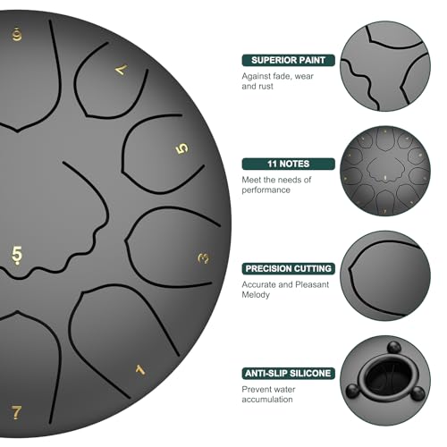 Image of Rain Drum for Outside Garden, 8 Inches 11 Notes Steel Tongue Chakra Drum, Waterproof Meditation Rain Chime, Musical Instruments for Adult Gift with Bag, Music Book, Mallets (Black)