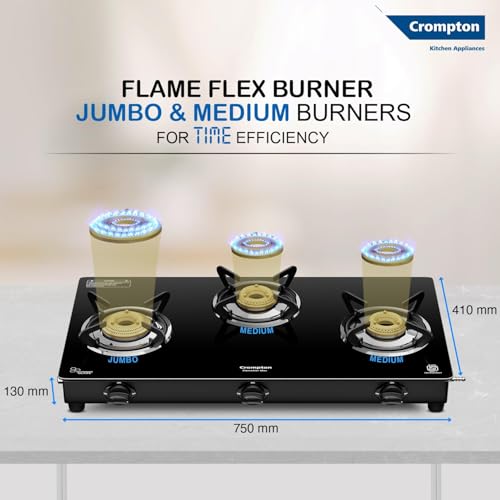 Image of Crompton FlameStar Max 3 Burner Glass Top LPG Gas Stove | 1 Jumbo & 2 Medium Brass Burner | Max Space | Easy Cleaning | Toughened Glass| Tri Pin Brass Burners |2 Year Manufacturer's Warranty