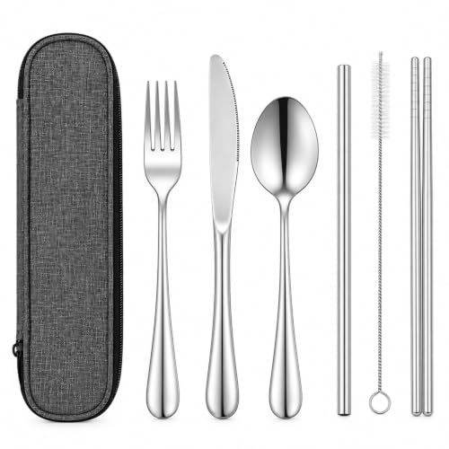 6 PCS Cubiertos para Llevar Acero Inoxidable con Funda Protectora Portátil | Camping Juego de Cubiertos Cuchillo Cuchara Tenedor Para Camping Viaje Picnic Acampar Comer Fuera Apto Lavavajillas Plata