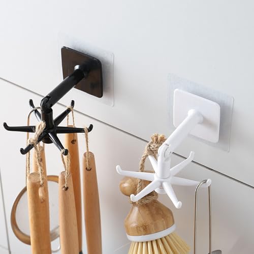 2PCS 360 Degree Rotatable Hooks Kitchen Spatula Spoon Storage Wall Mounted Hanger Six Claw Utensil Hook,11 * 2.5CM (White and Black)