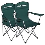 SONGMICS Campingstoel, set van 2, klapstoel voor buiten, visstoel, hoge rugleuning, armleuningen, bekerhouder, inklapbaar, tot 150 kg belastbaar, camping, tuin, terras, donkergroen GCB08GN