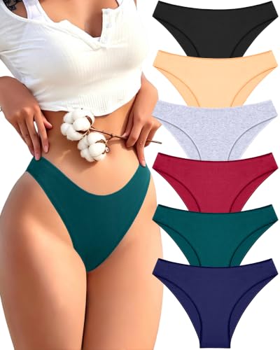 Image of FINETOO 6 Pack Cotton Underwear for Women Cute Low Rise Bikini Panties High Cut Breathable Sexy Hipster Womens Cheeky S-3XL