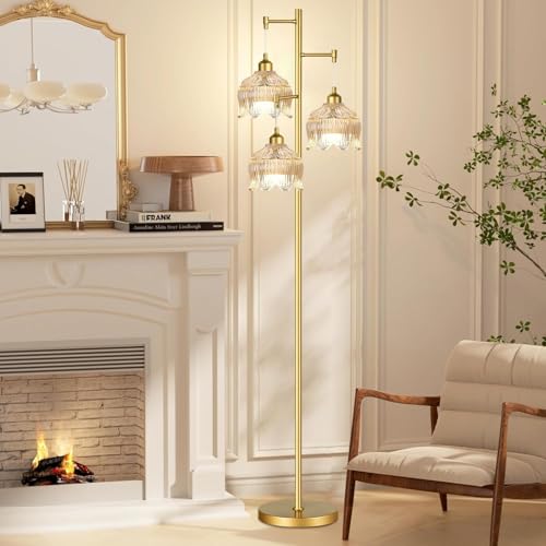 Image of ILLMTW Gold Floor Lamp for Living Room,Bedroom,Mid Century Modern Standing Lamp Brass Tree 3 Light Tall Floor Lamps Vintage Retro Floor Lights Glass Amber Flower Lamp Shade Farmhouse Boho Bohemian