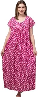 Classic Floral Cotton Nightgown | Full-Length Printed Night Dress | Women’s Blue & Pink Floral Sleepwear Gown | Breathable... Price In India