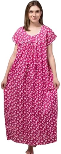 Classic Floral Cotton Nightgown | Full-Length Printed Night Dress | Women’s Blue & Pink Floral Sleepwear Gown | Breathable...
