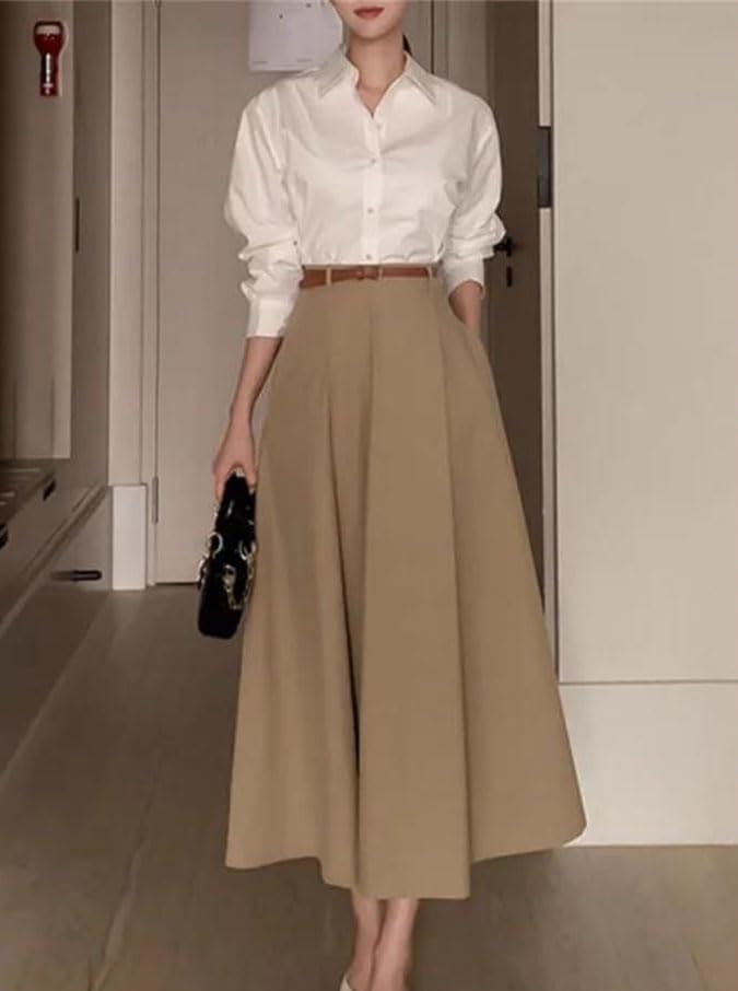 Womens Office A Line Skirt High Waist Belted Pleated Midi Dress All Season Work Slim Fit Skirts2