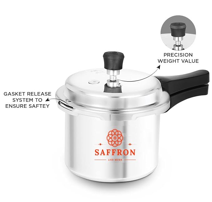 Image of Saffron Aluminium Outer Lid Pressure Cooker - 5 ltr Cooker with 3 Ltr Pressure Pan (Common Lid) (Silver, 5+3 ltr)