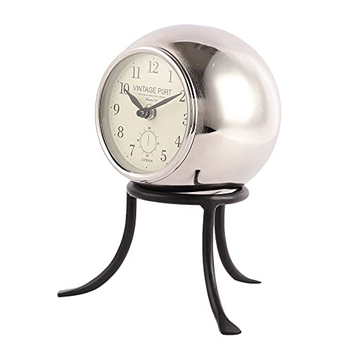 Image of Decor de Maison Handcrafted Seated Sphere Analog Table Clock for Living Room, Bedroom, Study Table | Classic Non-Ticking Tabletop Battery Operated Desk Clock in Silver & Black (18x18x23cm)